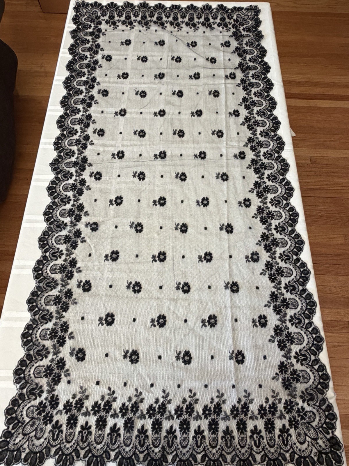 Early 1900s Black Embroidered Silk Chantilly Lace Scarf Table Runner Shawl 20×46