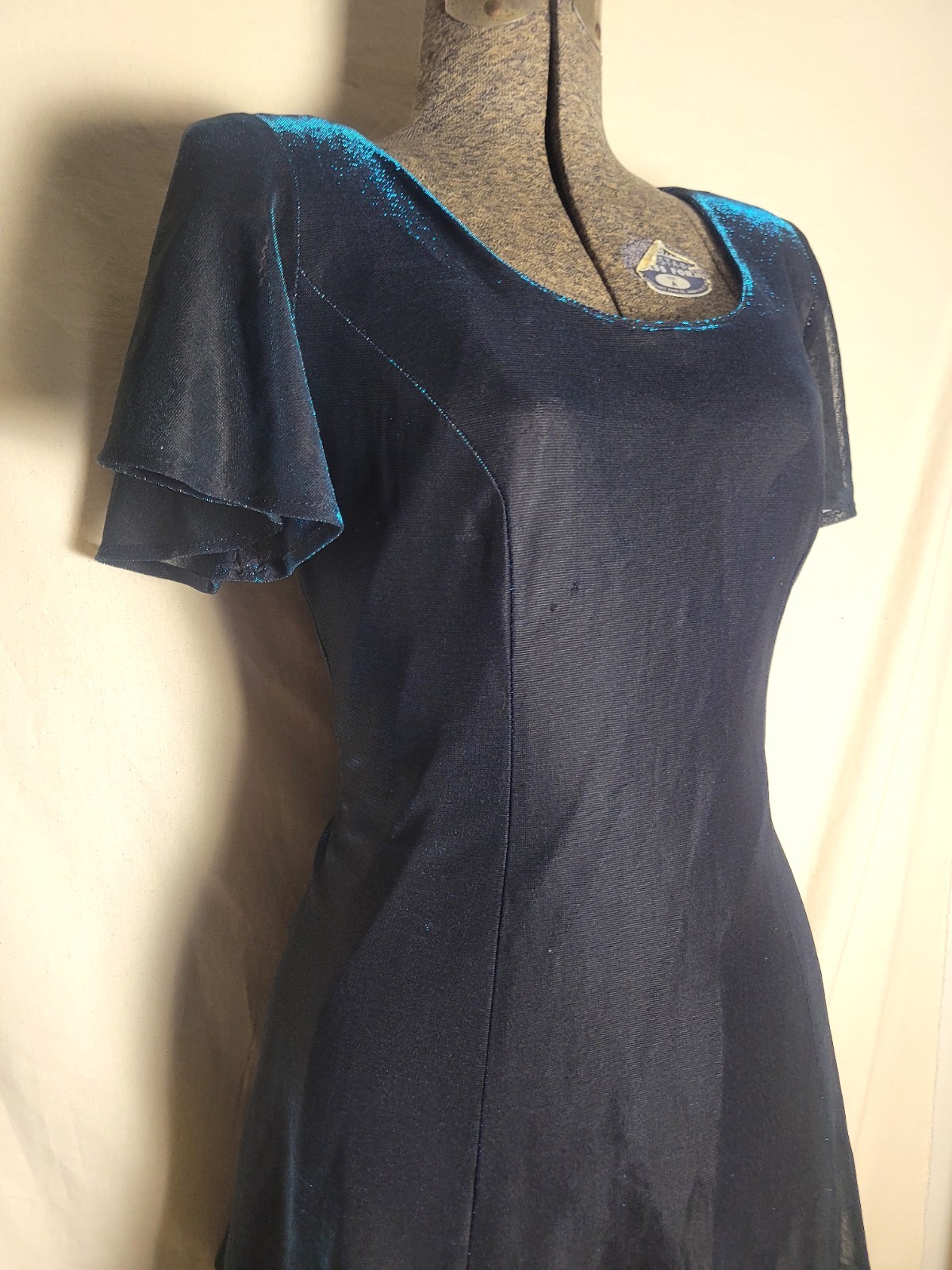Vintage 70s 80s Blue Shiny Mini Dress Black Layered Party M/L Molly Malloy