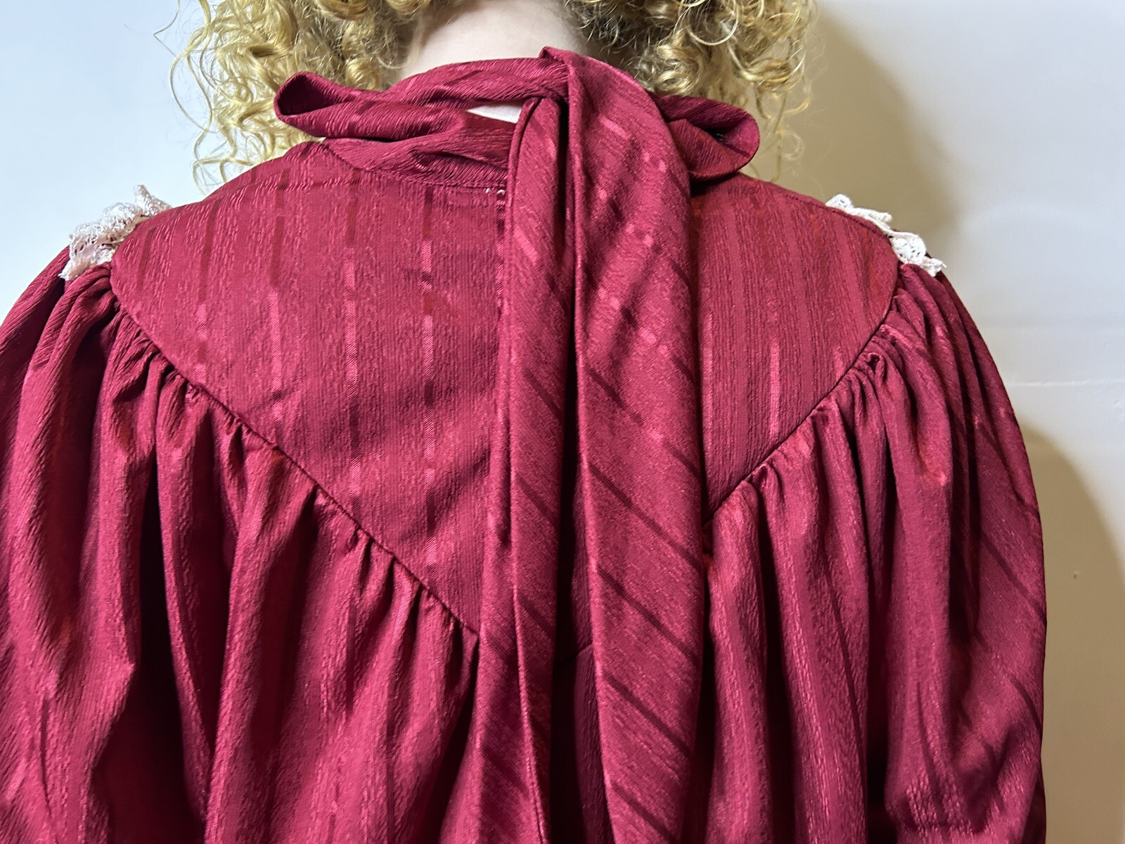 Vintage Australian ARC 80s Burgundy Midi Trapeze Dress Lace Yoke Pinstripe AU 14