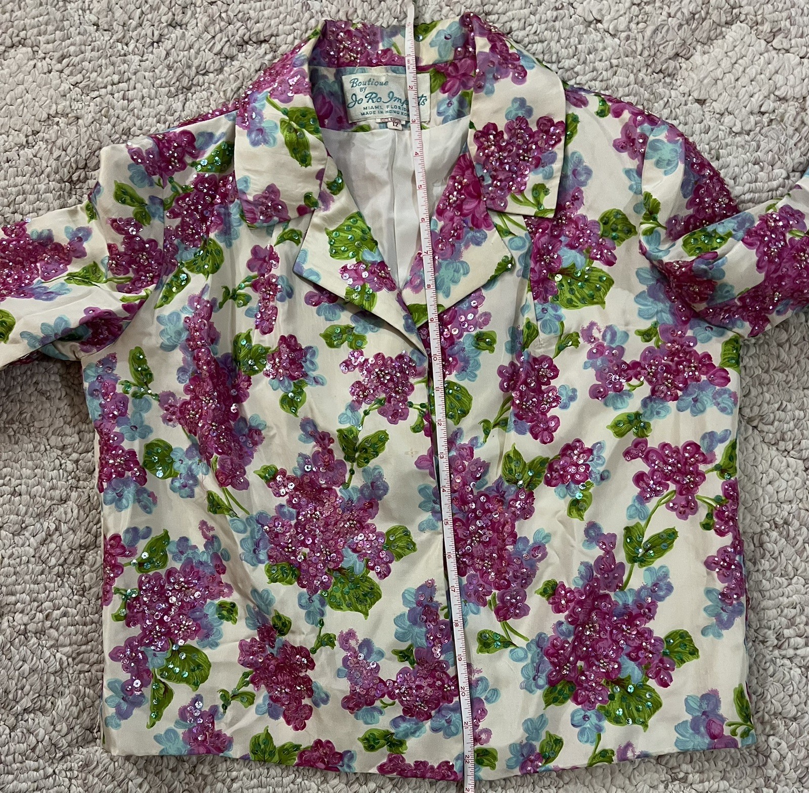 Vintage 50s Jo Ro Imports Beaded Sequins Blouse Jacket White Floral Size 12 M/L