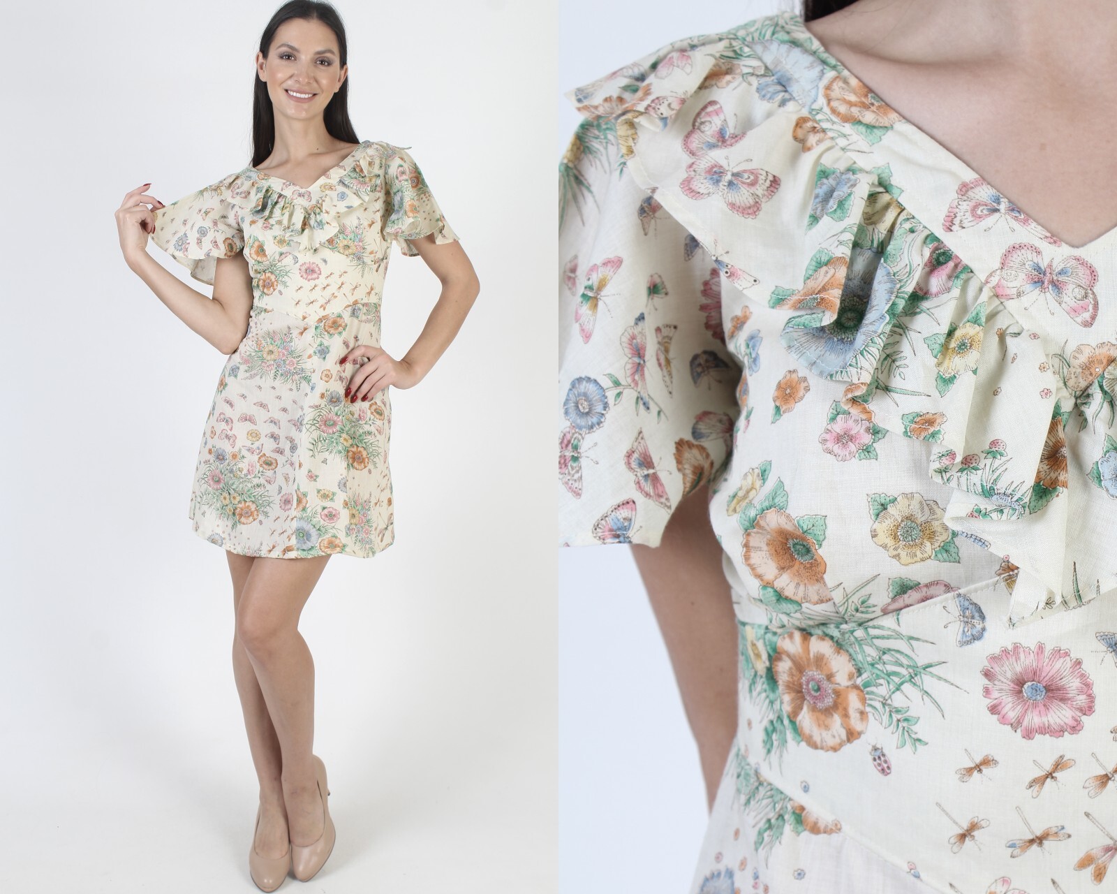 Vintage Butterfly Animal Print Dress Hippie Nature Material Boho Mini Sundress