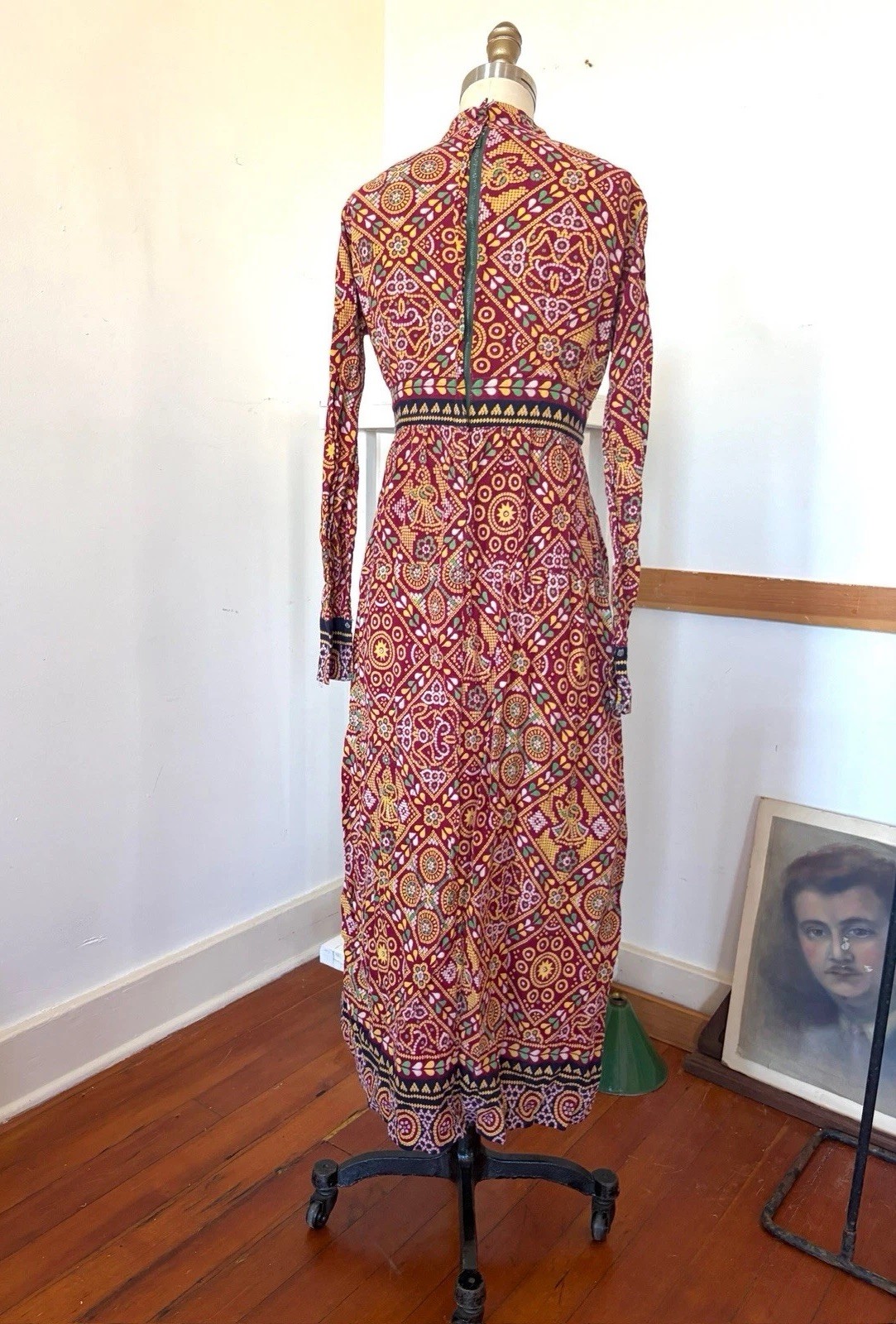 60s 70s Artisan Printed Pakistani Cotton Boho Hippie Empire Waist Maxi Dress XS