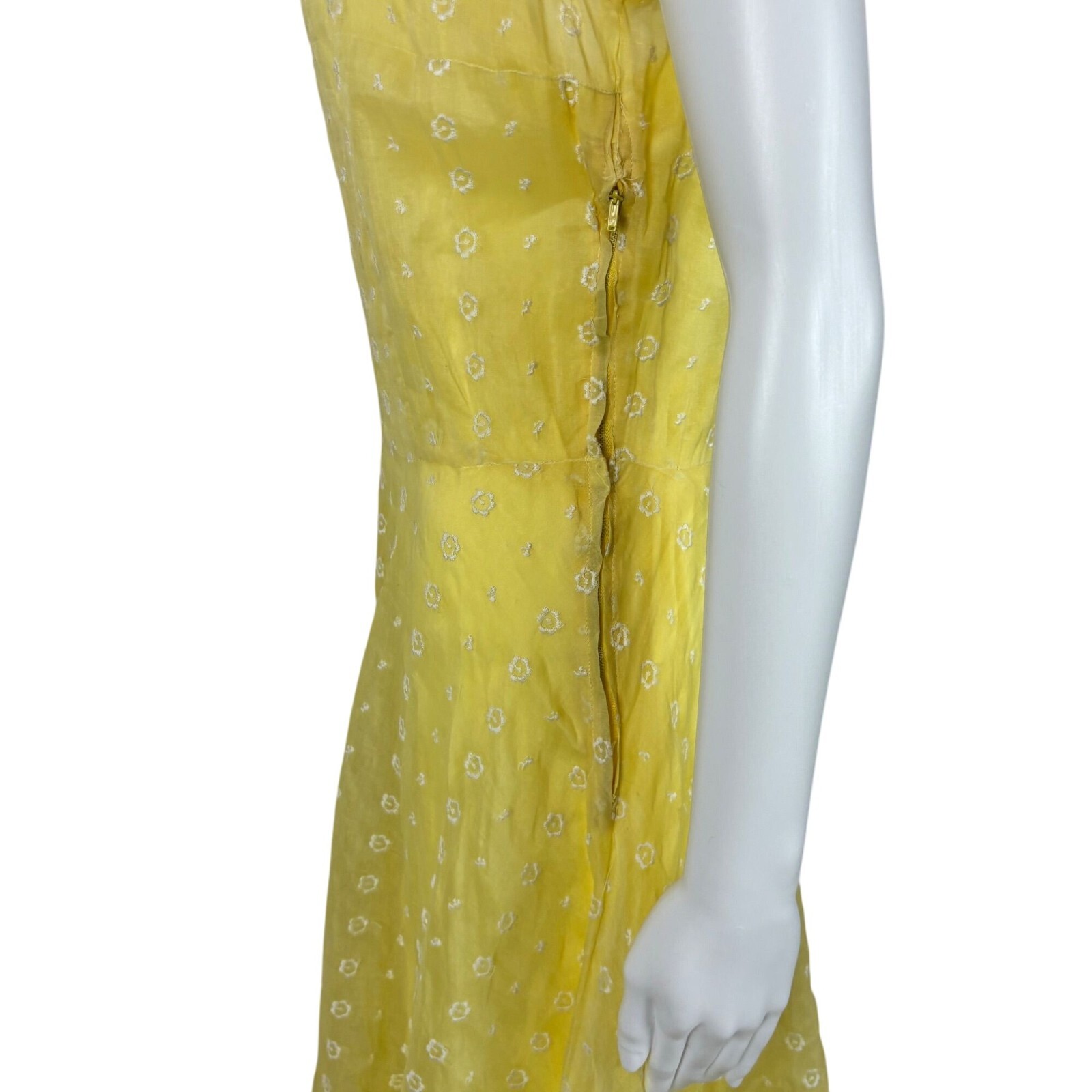 Vintage 30s Yellow Gown Women’s Medium Sheer Floral Embroidered Garden Party Dre