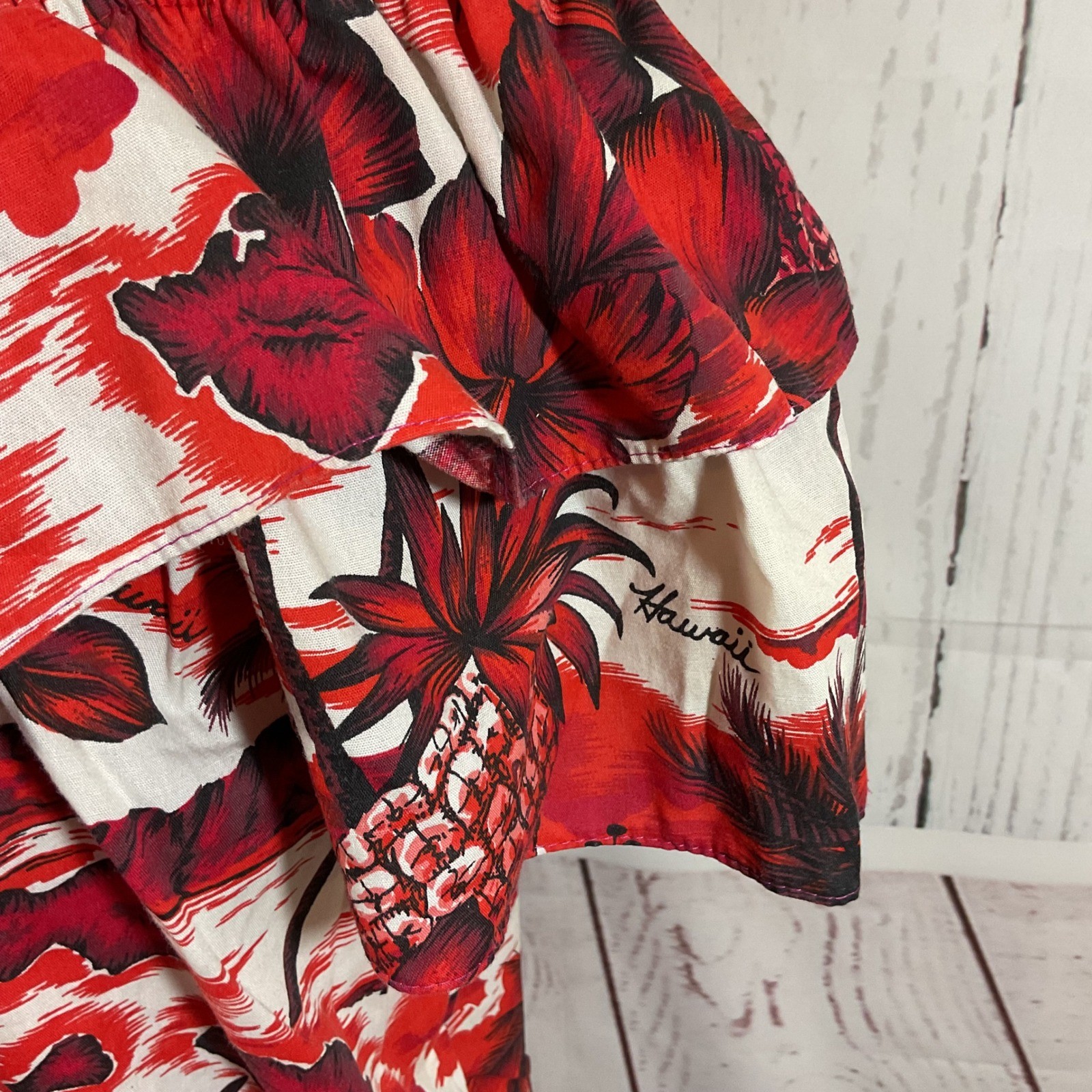 Vintage Made in Hawaii Red Tropical Hibiscus Floral Off Shoulder Muumuu Dress L