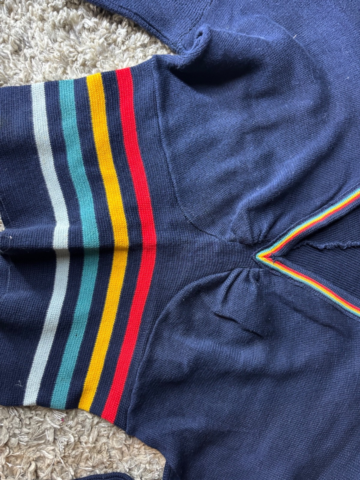 Vintage 70s Wayne Rogers Granny Takes a Knit Rainbow Balloon Sleeve Sweater SM