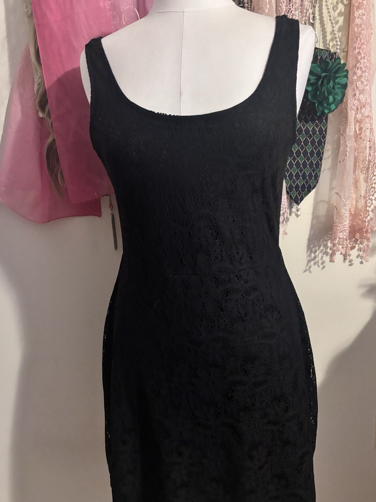 Vintage Y2K Metaphor Black Lace Overlay Scoop Neck Sleeveless Bodycon Mini Dress