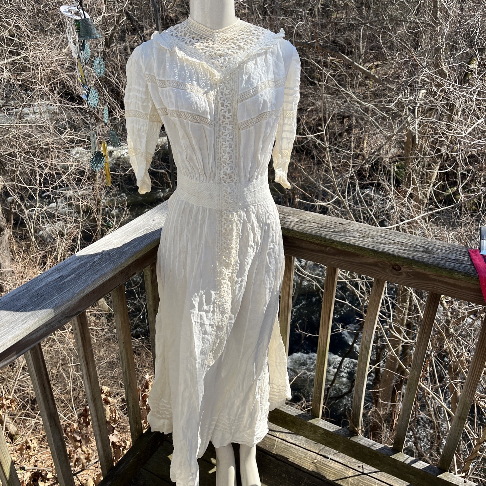 Authentic Edwardian Off White Cotton Lawn Dress c.1900 Lace Pintuck Button Back