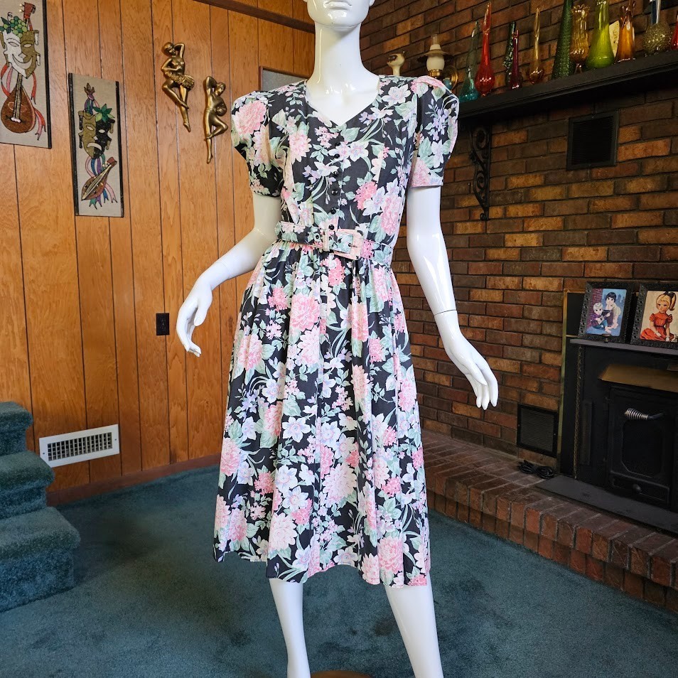 Vtg 80s Huge Puff Romantic Granny Floral Belted Shirtwaist Pockets Tea Dress M