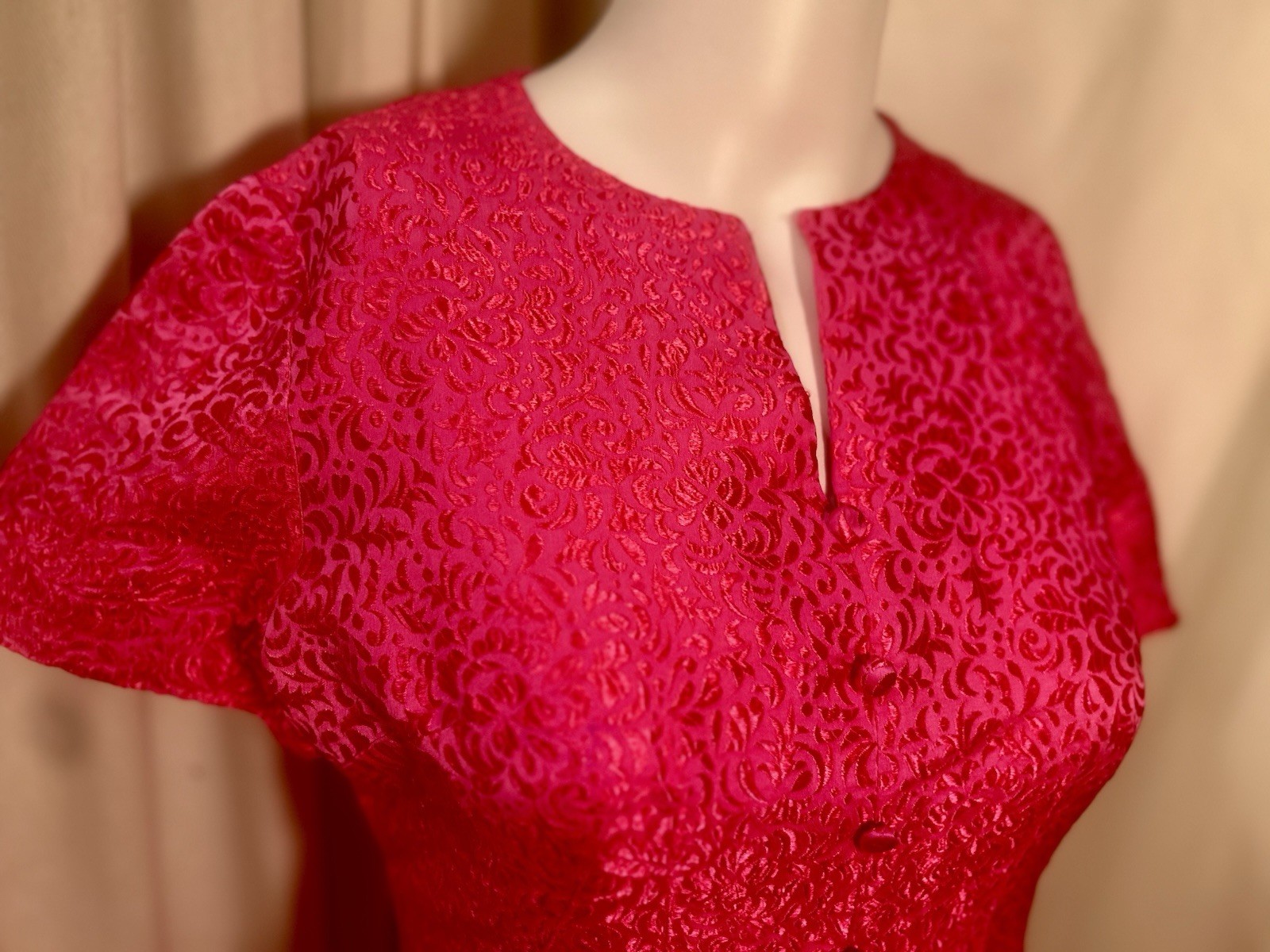 Vtg 50s 60s Handmade Hot Pink Jacquard Mod Go Go Cocktail Shift Mini Dress SZ S