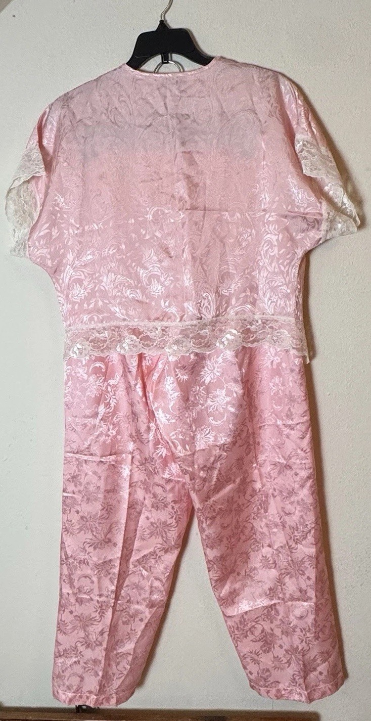 Vintage Lily of France Pink Satin Lace Pajama Set 2-Piece Sleepwear