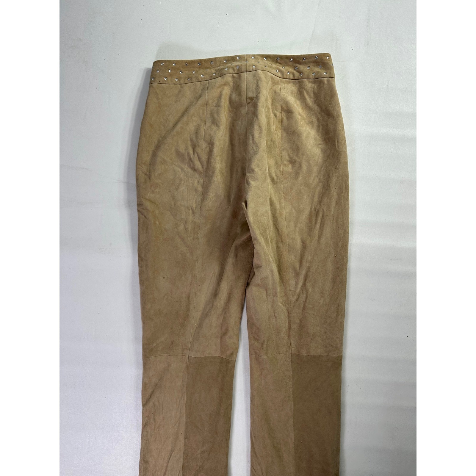 Cache Vintage Tan 100% Goat Suede Studded Rhinestone Straight Leg Pants Size 2