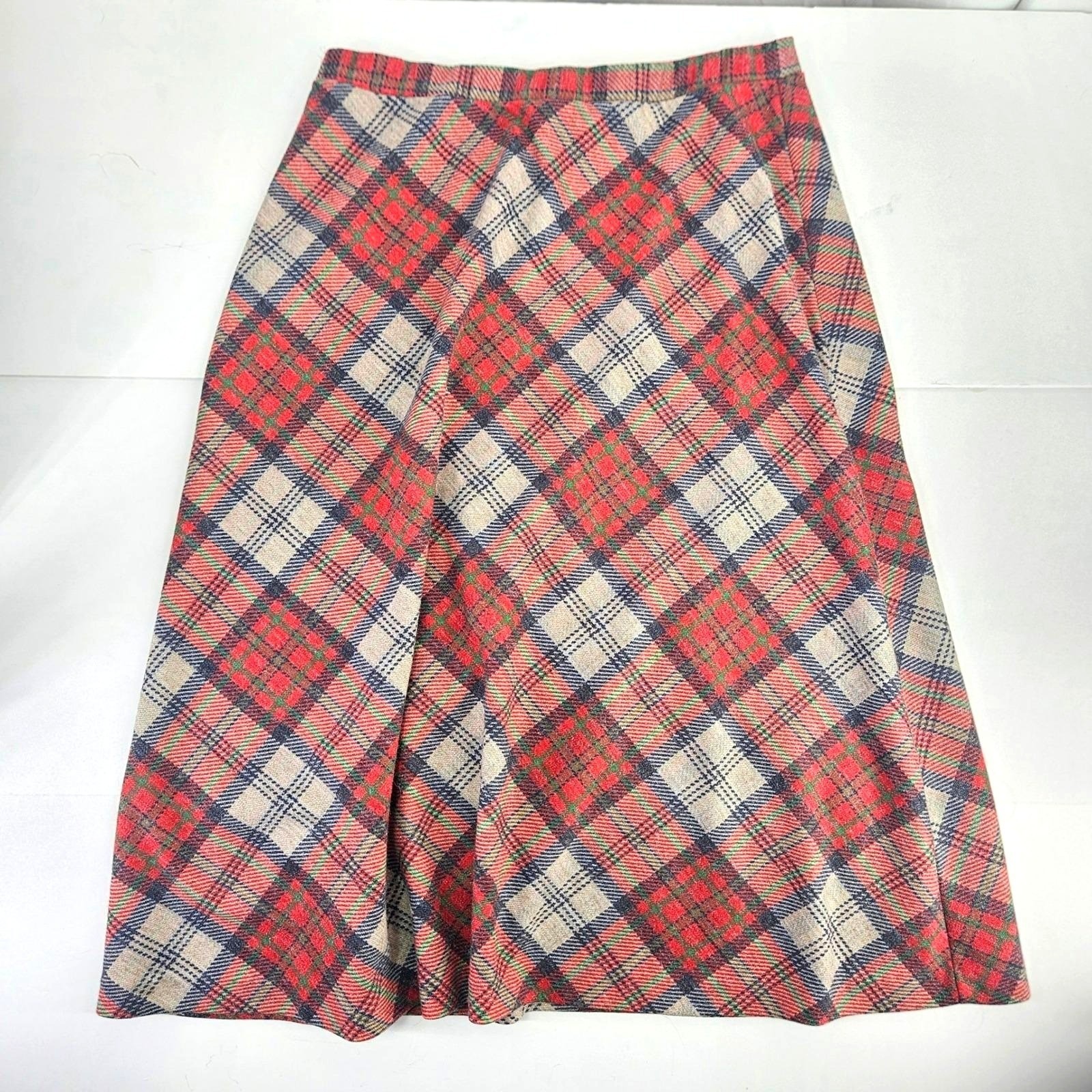 Vintage 70s 80s Plaid A-Line Skirt Red Green Tan High Waisted Midi USA Made M/L