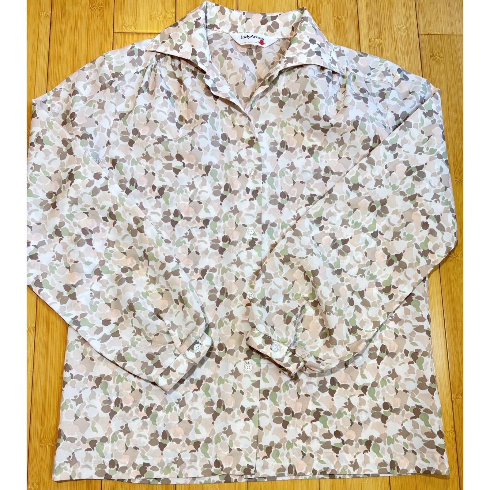 Vtg Lady Arrow Lite Colored Floral Button Up Long Sleeve Top Blouse Size Lrg