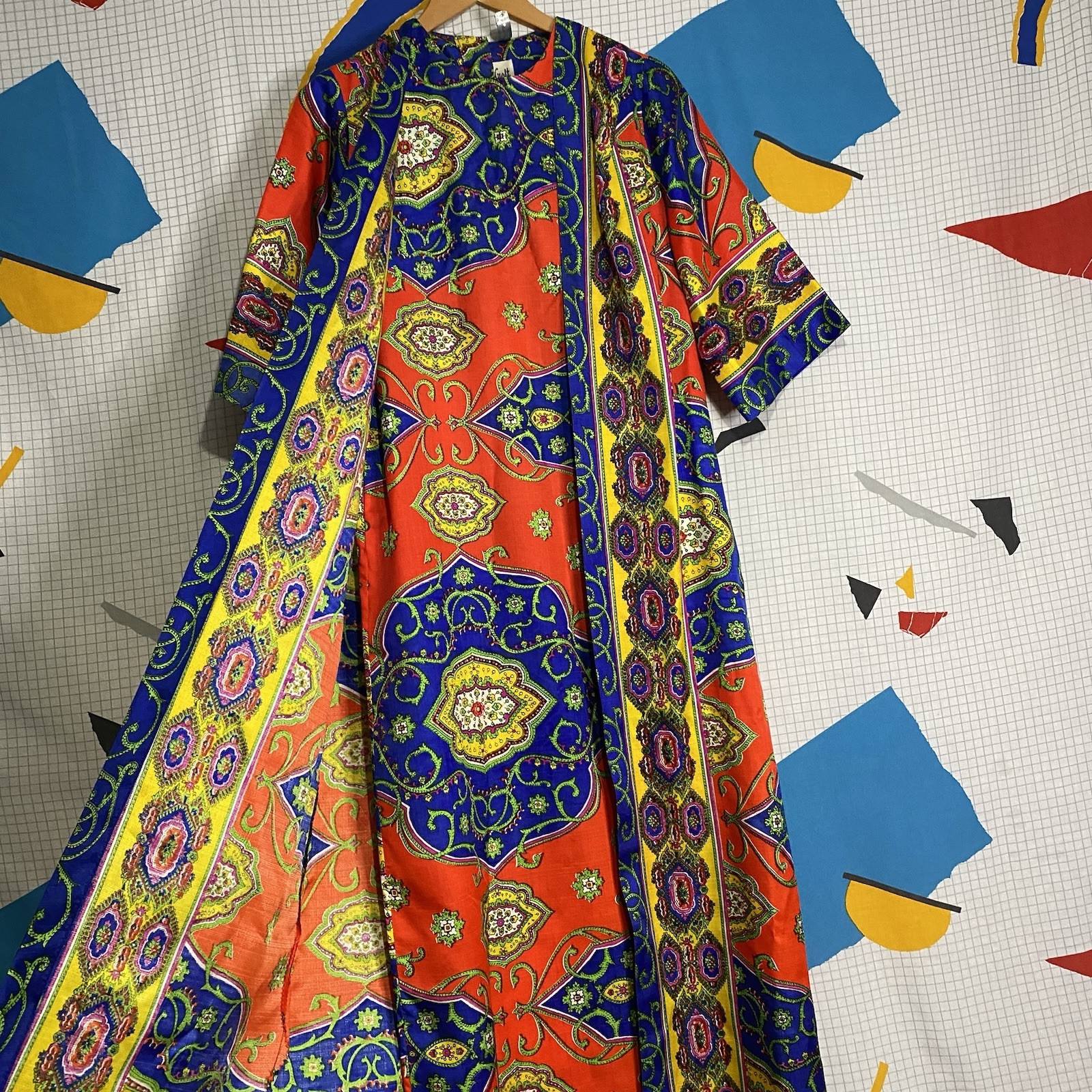 Vintage 60s Pyschedelic Kaftan Dress Small Wrap Hippie Boho Paisley Mod 70s