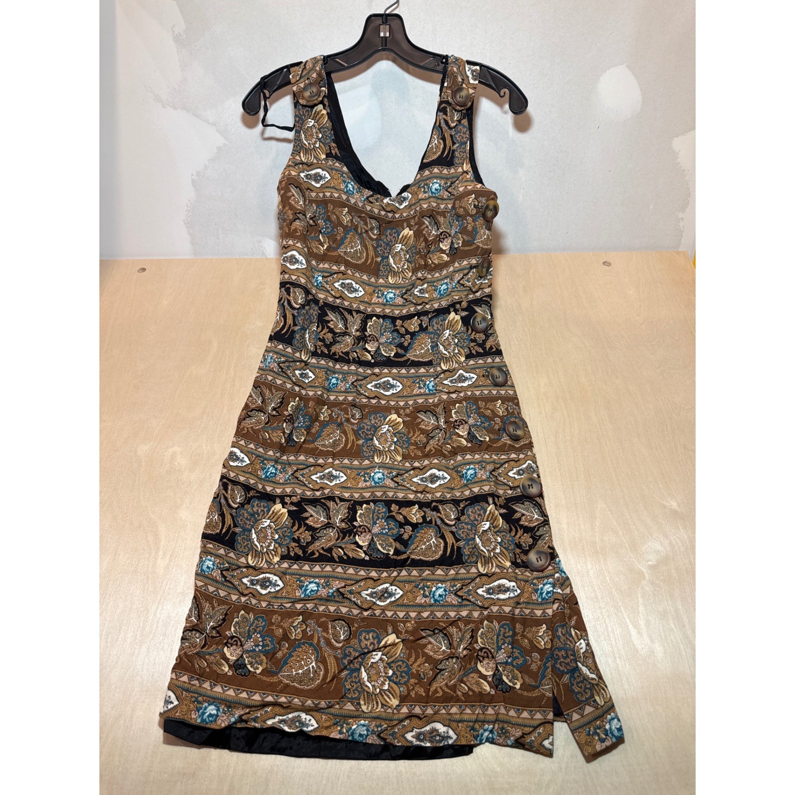 Vintage Santa Fe Women Brown Paisley Floral Side Button Rayon Sheath Dress 4 USA