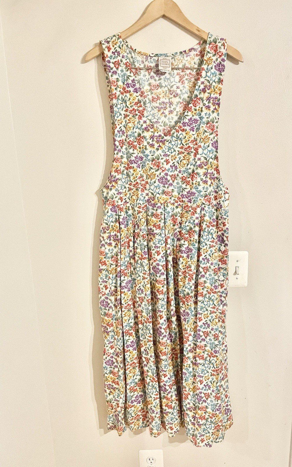 Vtg Pam’s Closet 80s Floral Pleated Jumper Dress Pockets CottageCore Sz M USA