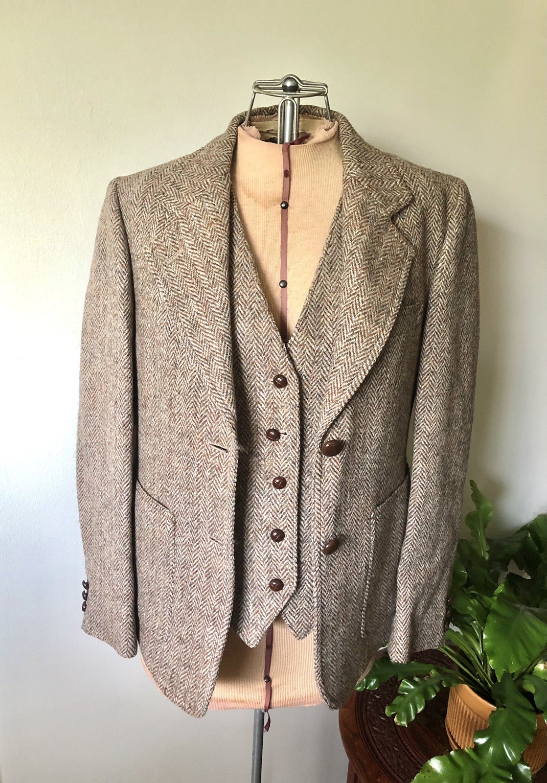 Vintage 80’s Brown Harris Tweed Jacket & Vest Set English Countryside