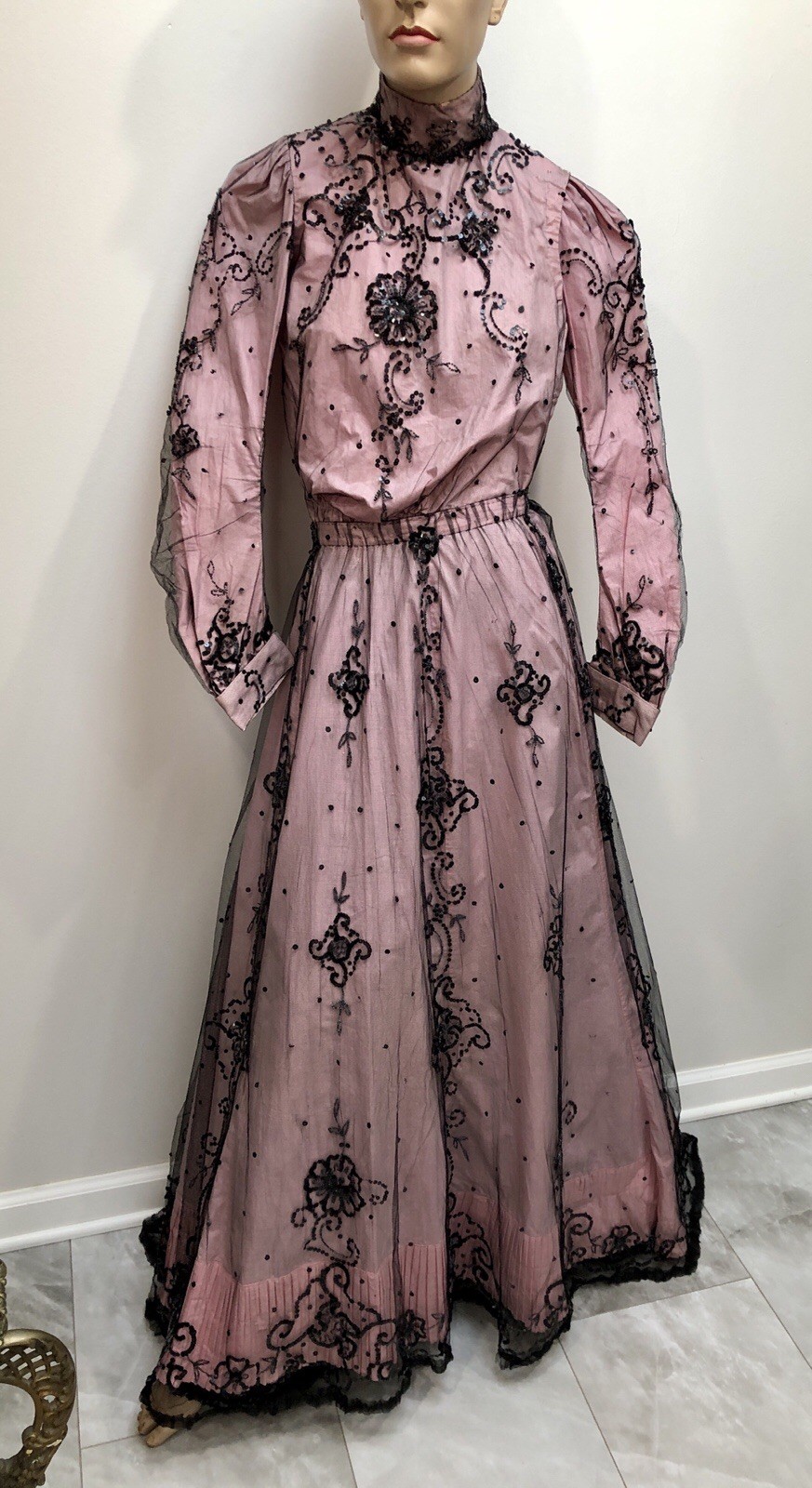 ANTIQUE VICTORIAN Early 1900s GIBSON GIRL PINK+Black JET SEQUIN BEADED 3Pc GOWN