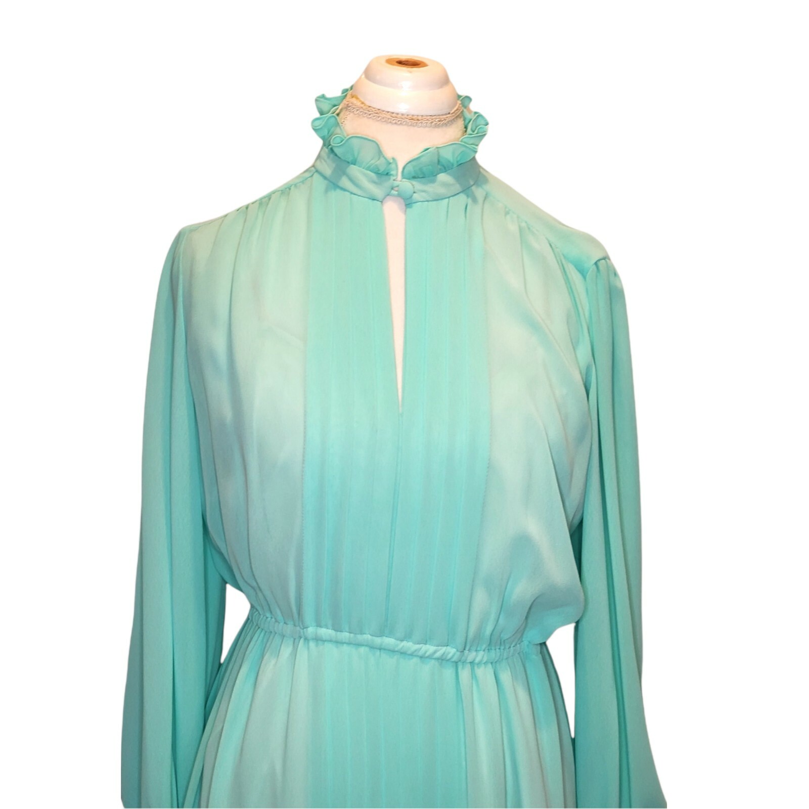 Medium 8 10 Mint Green Sheer Maxi Hostess Dress Longsleeve W Slip VTG 70s