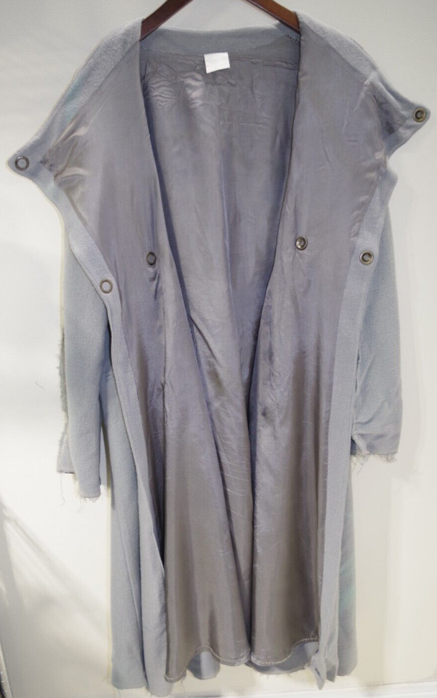 218 – J MORGAN PUETT vintage Long COAT DRESS Gray Wool Gauze SM Snaps Bee Label