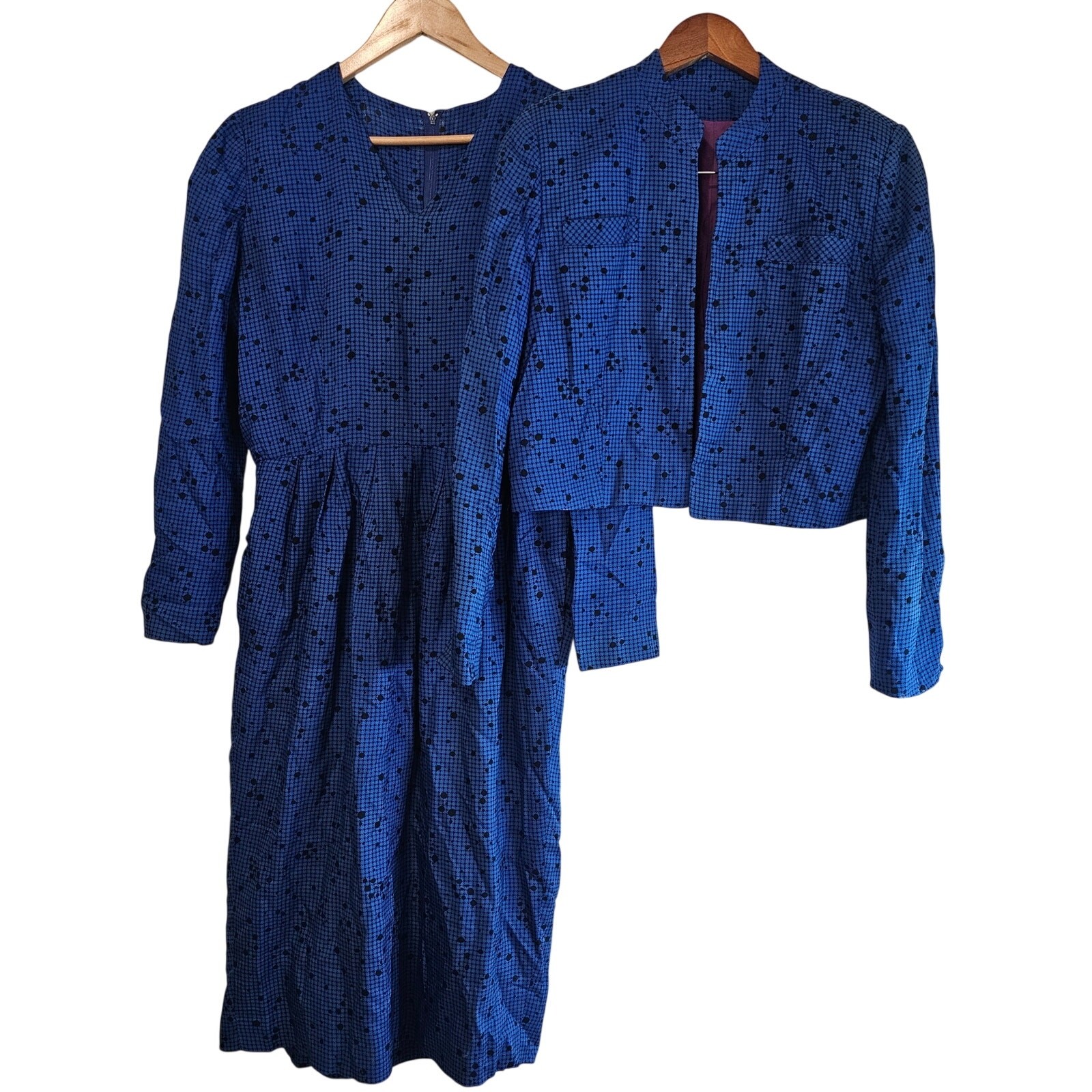 Vintage 70s Dress Womens Med Blue 2 Piece Mod Classic Minimalist Retro Glam