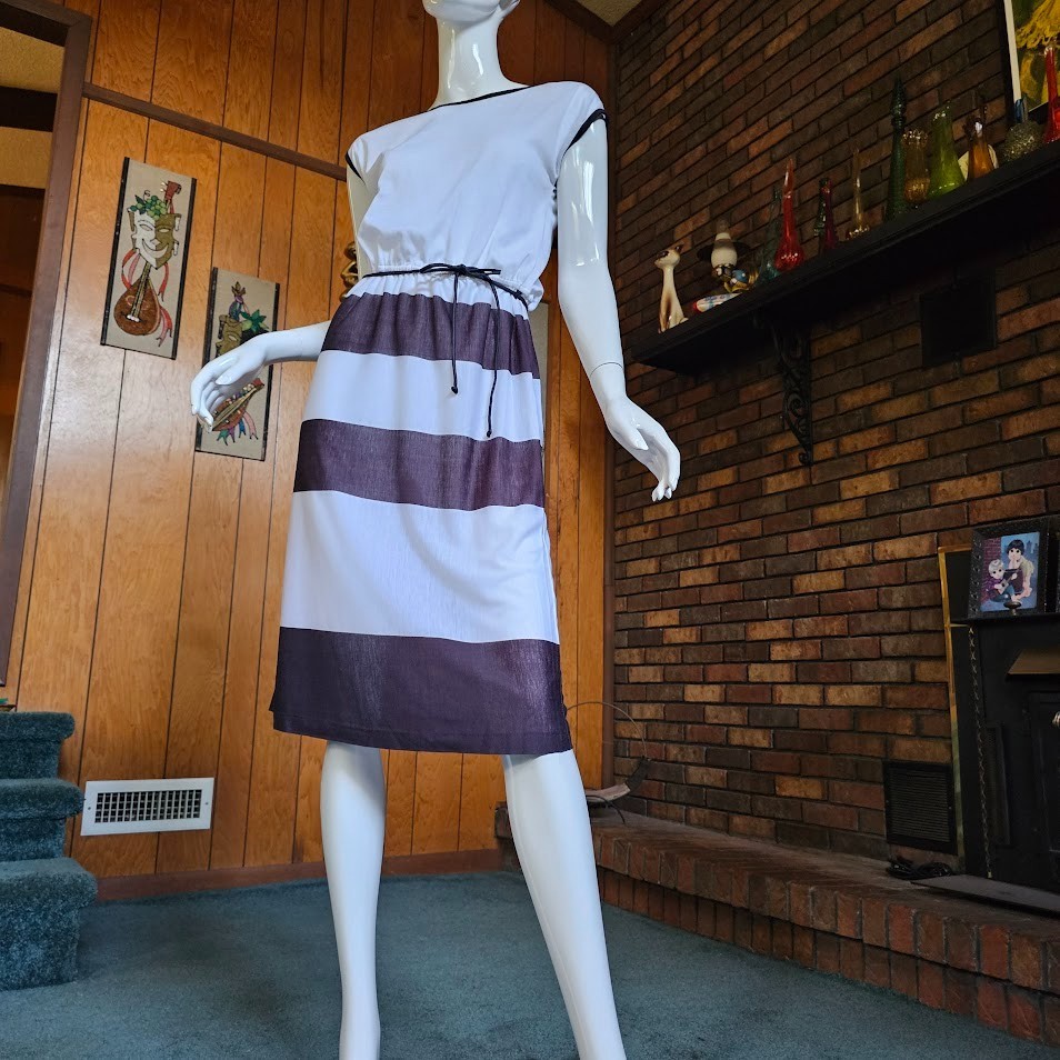 Vtg 70s 80s Chic Disco Striped Ringer Sheer Shirtwaist Casual T-Shirt Dress XS/S