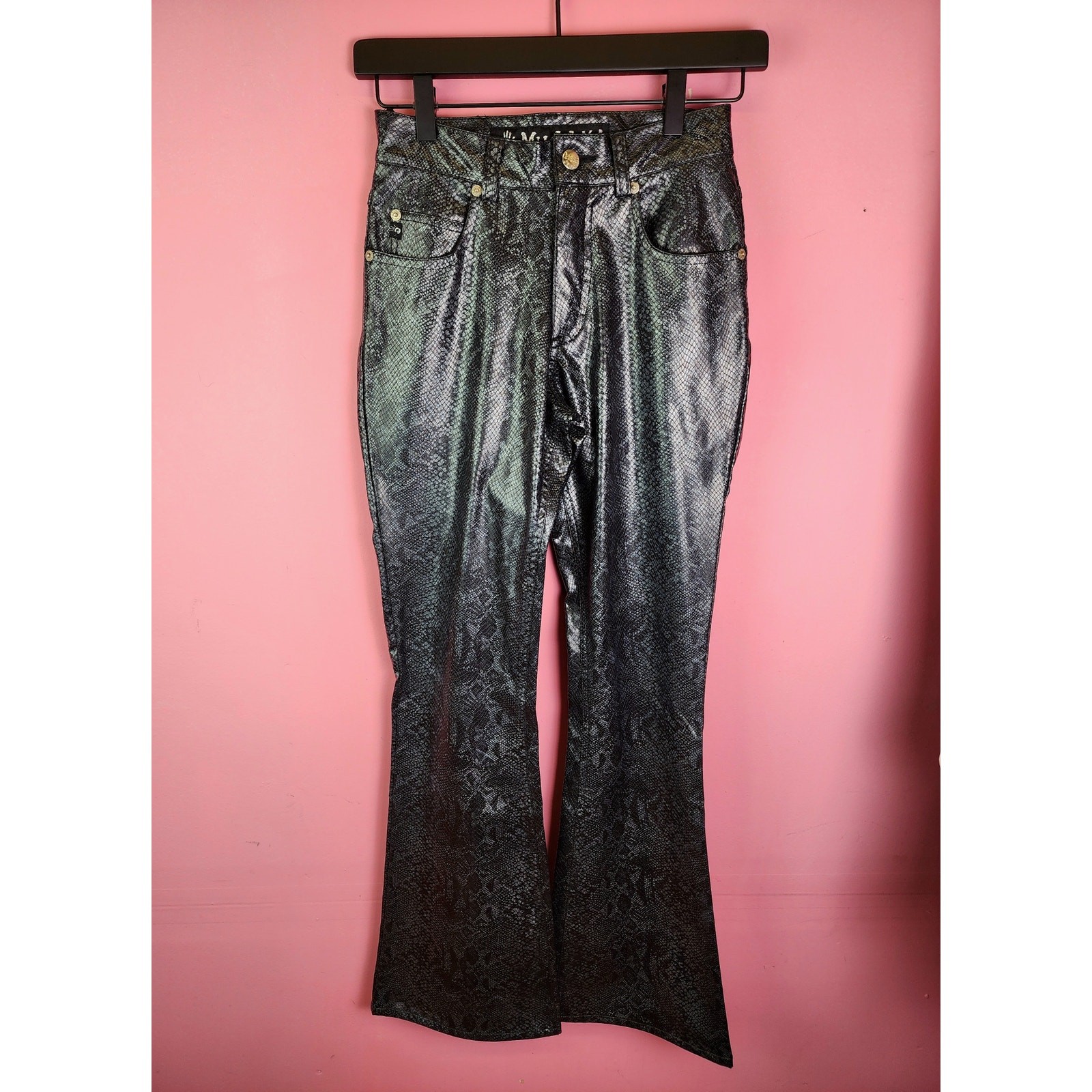 Size XXS Vintage 1990’s Black Faux Snakeskin Pleather Bootcut Pants Mudd Jeans