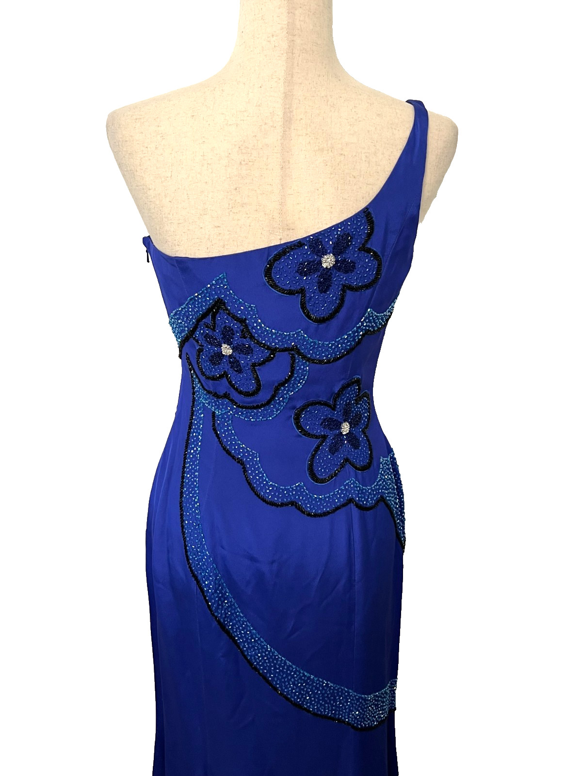 Vtg MIKE BENET FORMALS Sz 8 100% Silk Long Gown Dress Blue Floral Beaded Prom