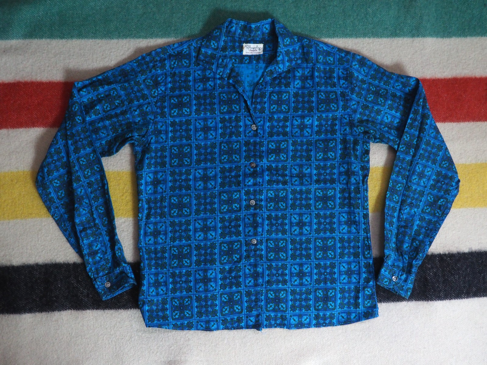 VTG 60s Shapely Blue Green Madras Boho Hippy Retro Button Cotton Shirt Womens M