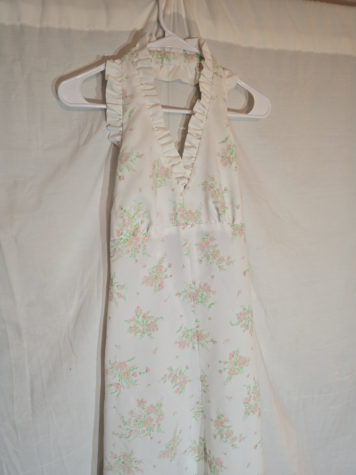 1970s Floral Halter Maxi Dress with Ruffle Trim