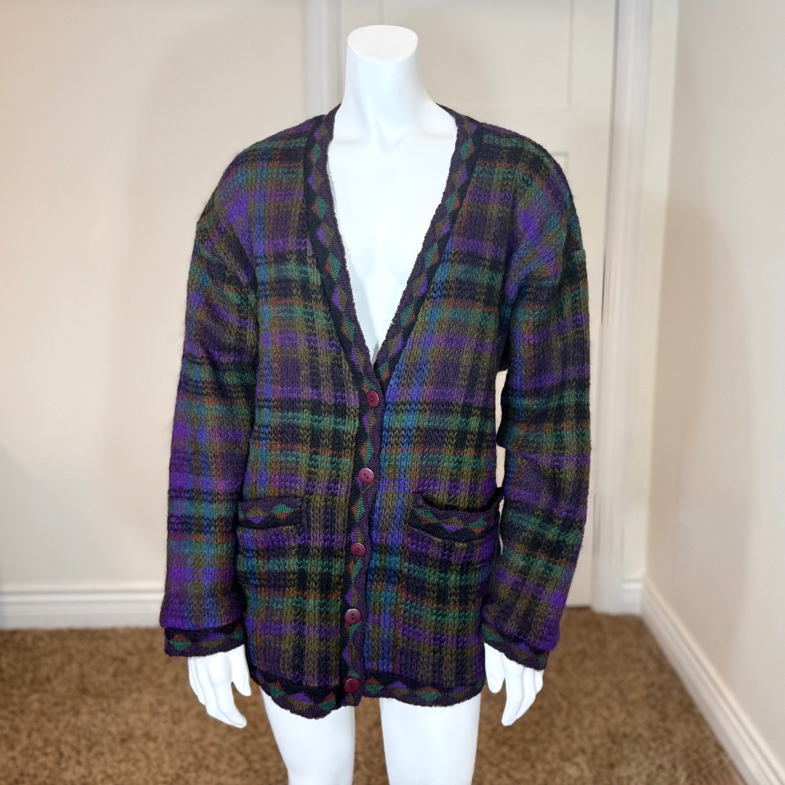 Vintage 80’s PLAID MOHAIR CARDIGAN M Knit Sweater Boxy Oversized Retro Pockets