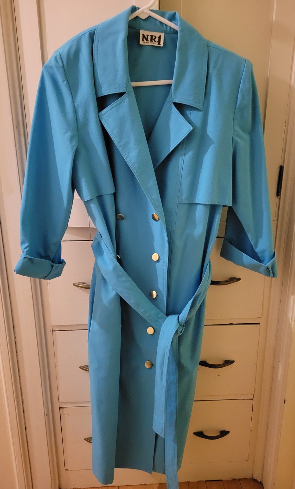 Vintage Aqua Blue Trench Coat – 80s 90s Belted Lightweight Trench coat S/M