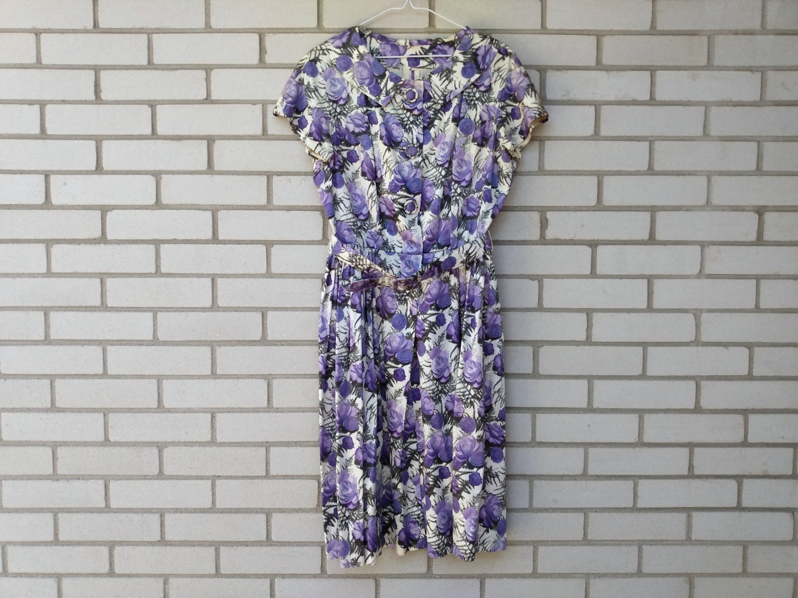 Vintage 50s Purple Rose Dress 42″ Bust 28.5″ Waist Rockabilly Tea Party 60s