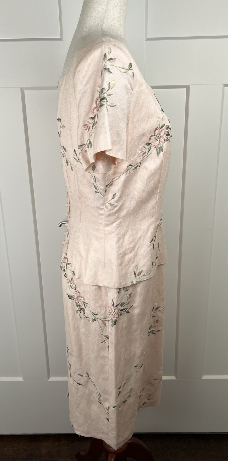 Vintage Donna Morgan Dress 10 Pink Linen Blend Embroidered Floral Midi Cottage