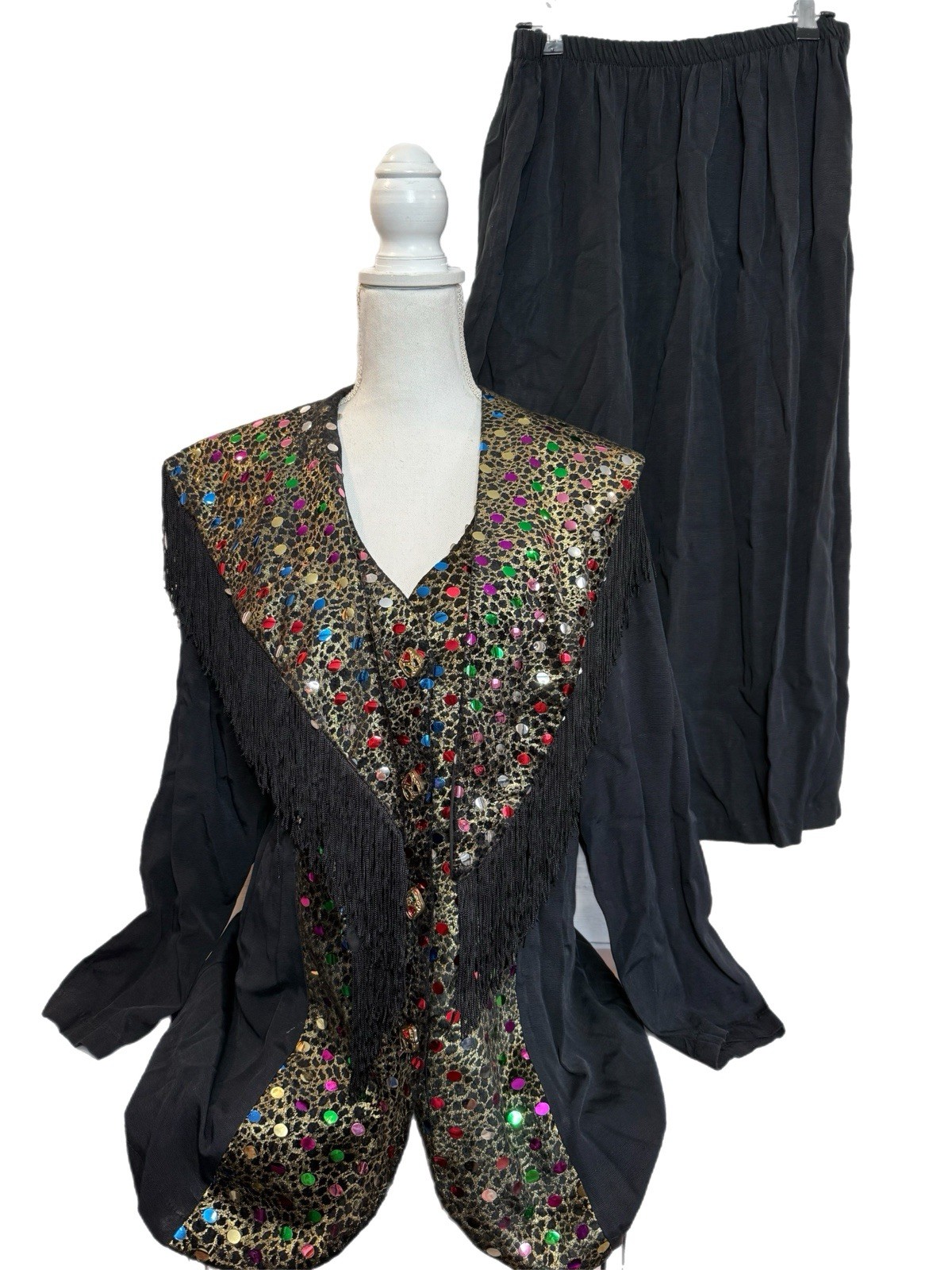 Sequin Leopard Print Disco Cowboy Fringe Jacket Skirt Shawl Festival Western