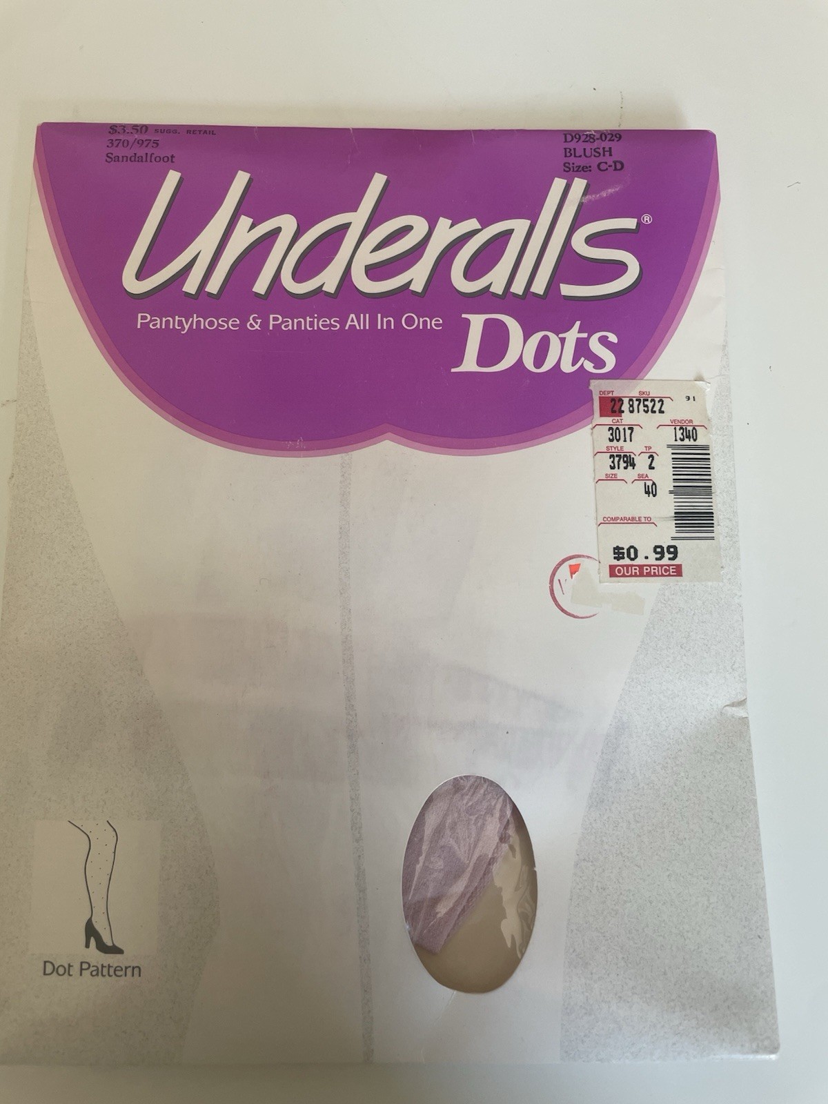 NIP VTG Underalls Pantyhose Dots Pattern Blush Pink Sandal Toe Size C D