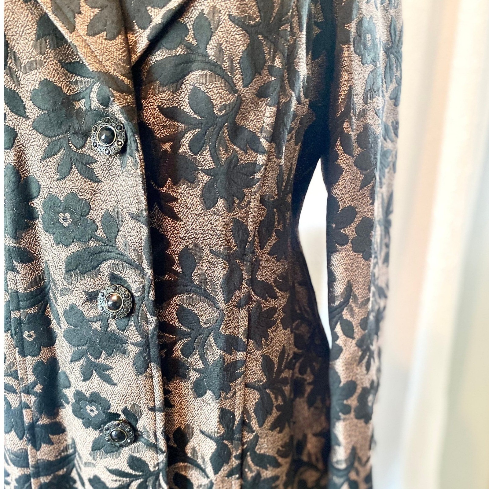 Vintage Brocade Trench Coat, Black Copper Metallic Floral, Size 12