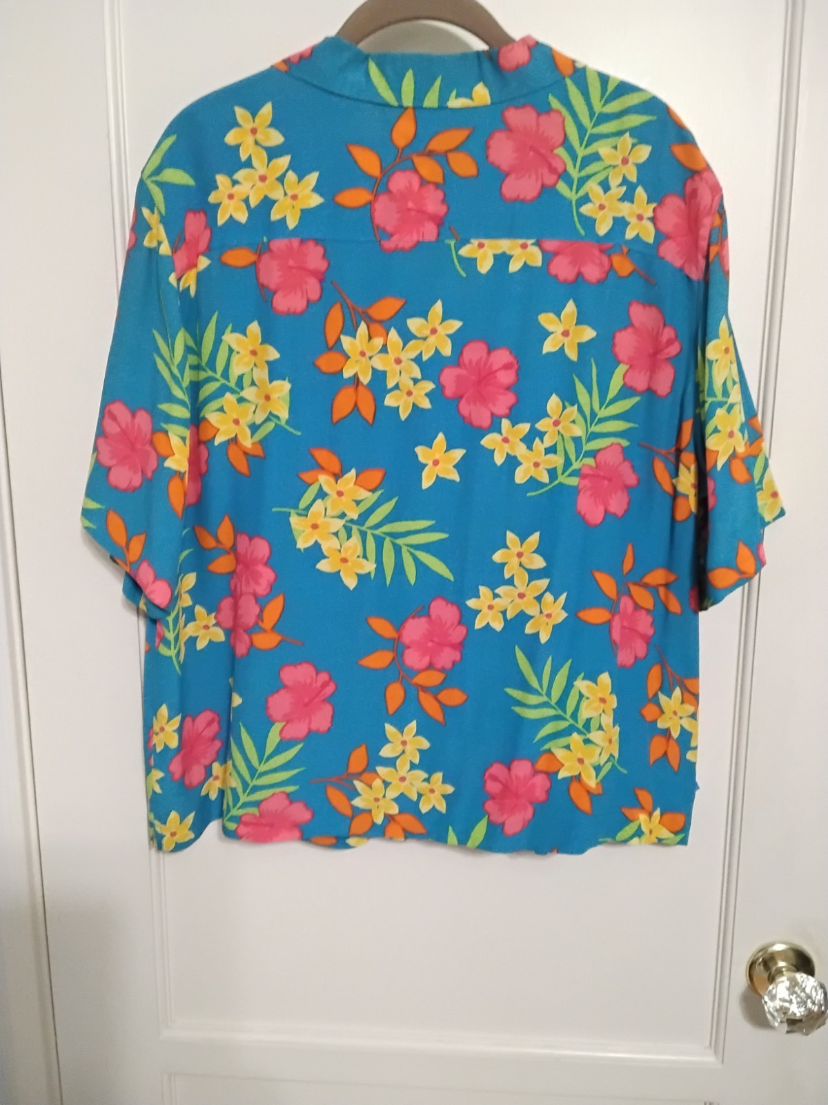 Vintage Marsh Landing Hawaiian Blouse Turquoise Tropical Orange Florals Large