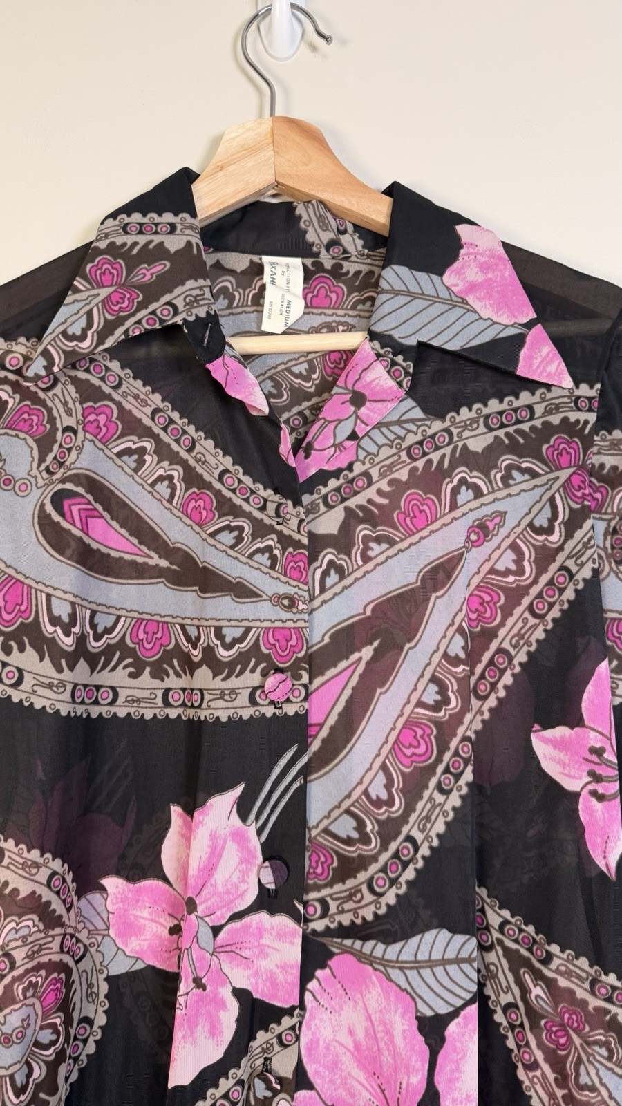 Vintage 70s Women’s Shirt Paisley Gogo Mod Disco Hippie Button Sheer Size Med