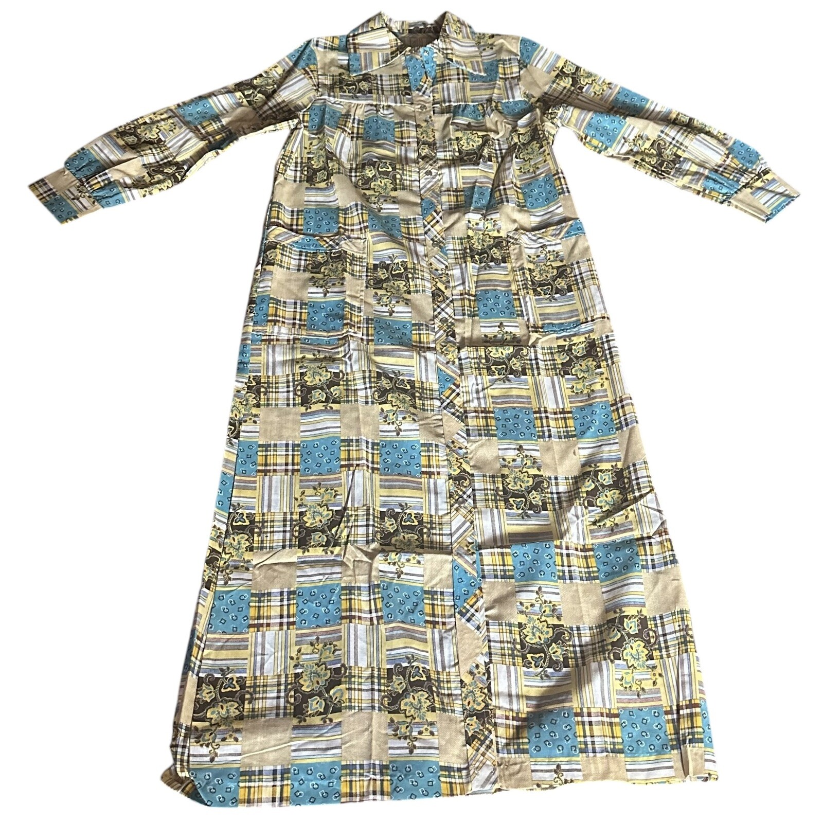 Vtg Western Patchwork Faux Print Pearl Snap House Coat Long Shirt Dress SZ Small