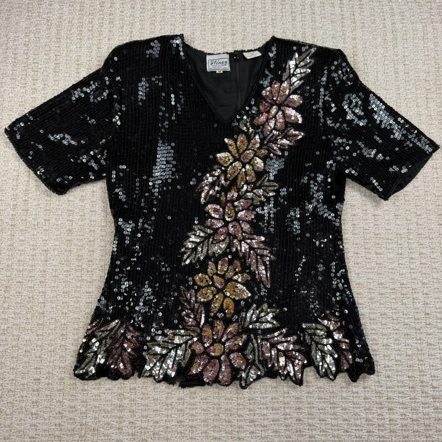 VTG Stenay Women Silk Sequin Top M Black Floral Beaded Party Glam