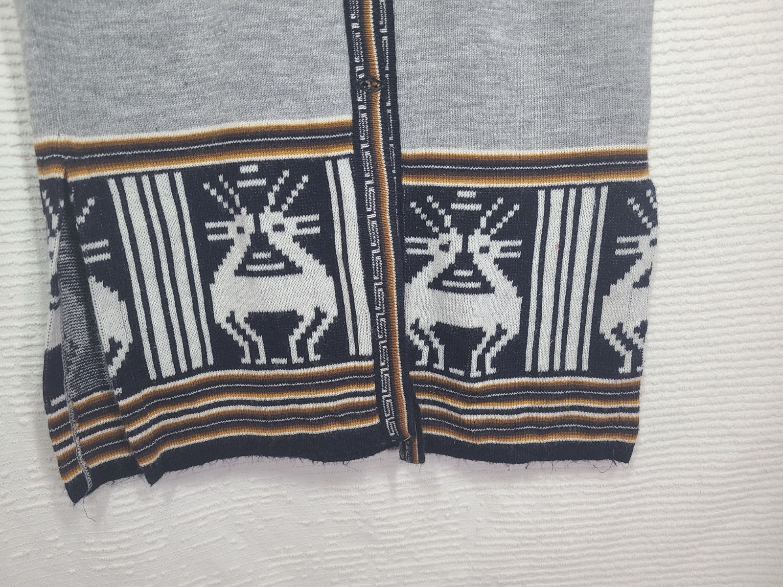 Vtg 70s Long Cardigan Sweater M Gray Knit Two Head Alpaca Intarsia Border Retro