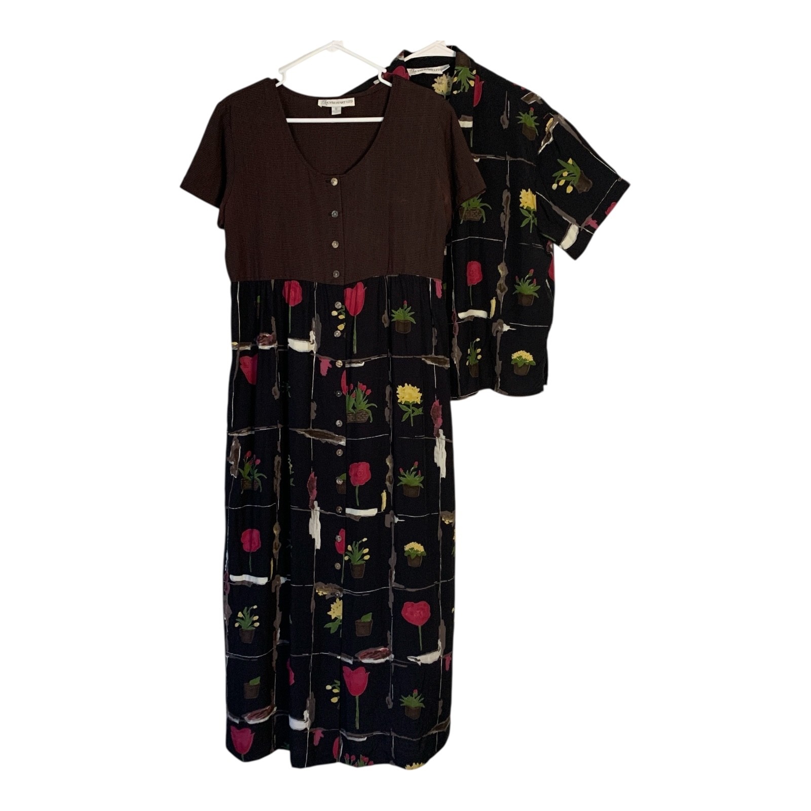 VTG 2-Piece Dress & Jacket Set MEDIUM Black Floral Midi 70s 80s Ilyse Hart LTD
