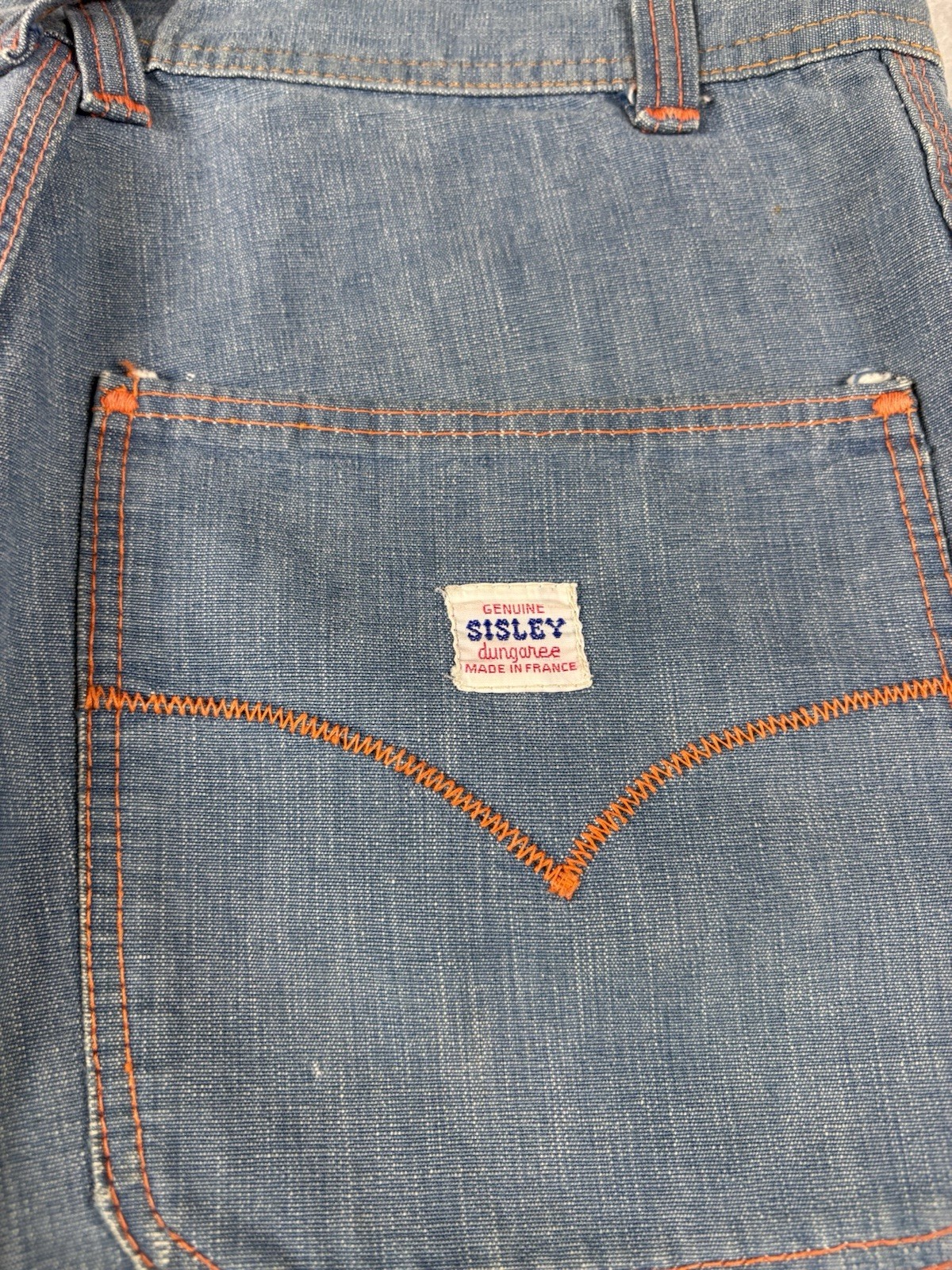 Vintage 70s Sisley Dungaree Made In France Bell Bottom Flare Jeans W-28in