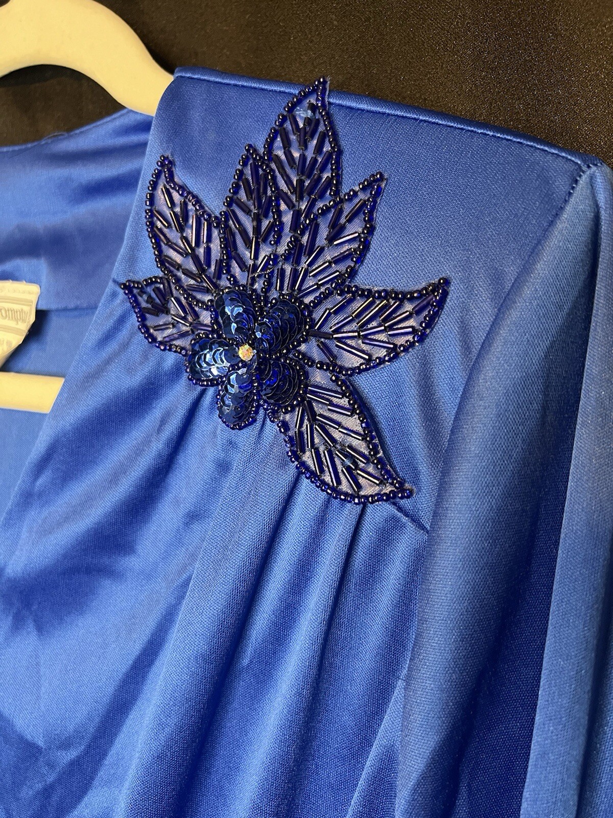 VTG Impromptu Belted Satin Chic Blue Dress Embellished Bejeweled Floral Accents
