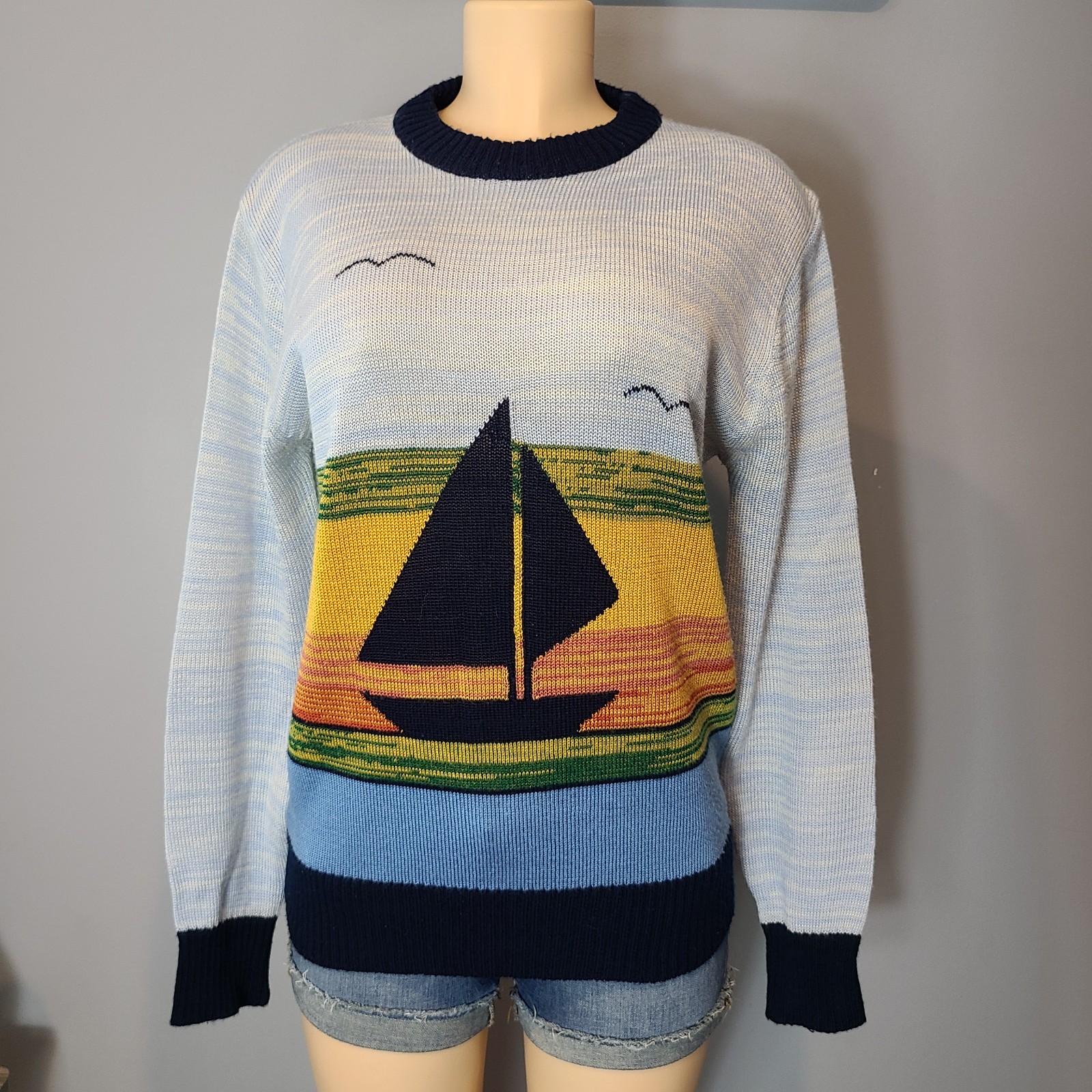 Vintage 70s Sailboat Sunset Sweater Coastal Size Large Nautical Granola Beach