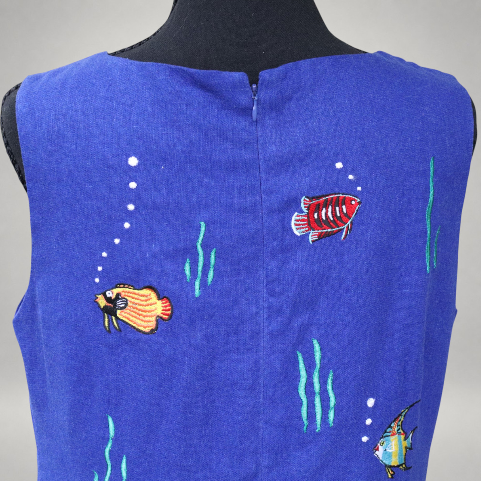 Vintage Ultra Dress Fish Embroidered Linen Rayon Shift Dress Blue Women’s Size 8