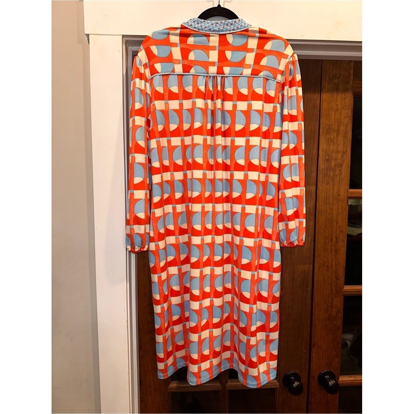 J. McLaughlin Size Large Retro Geometric MIDI Dress in Coral & Light Blue