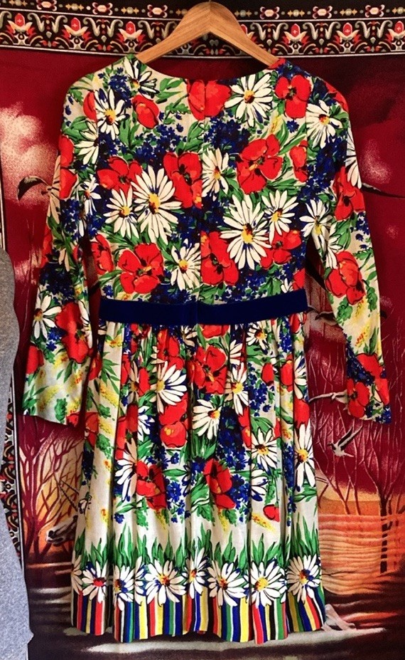 1970s Eve Le Coq California Floral Mini Dress | Velvet Ribbon Waist Fit & Flare