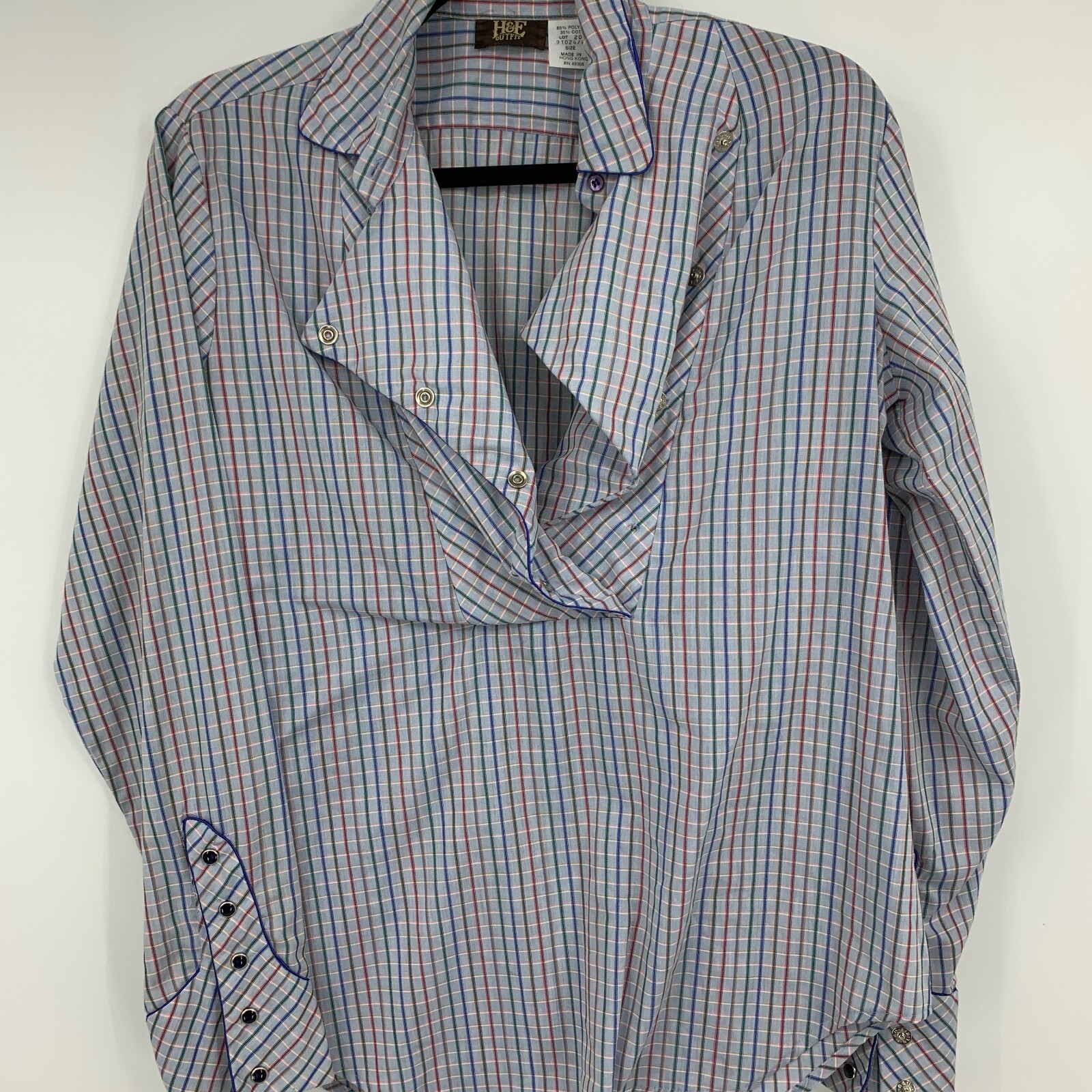 H&E outfit womens top 8 vintage pearl snaps roper rodeo cowgirl curved hem plaid